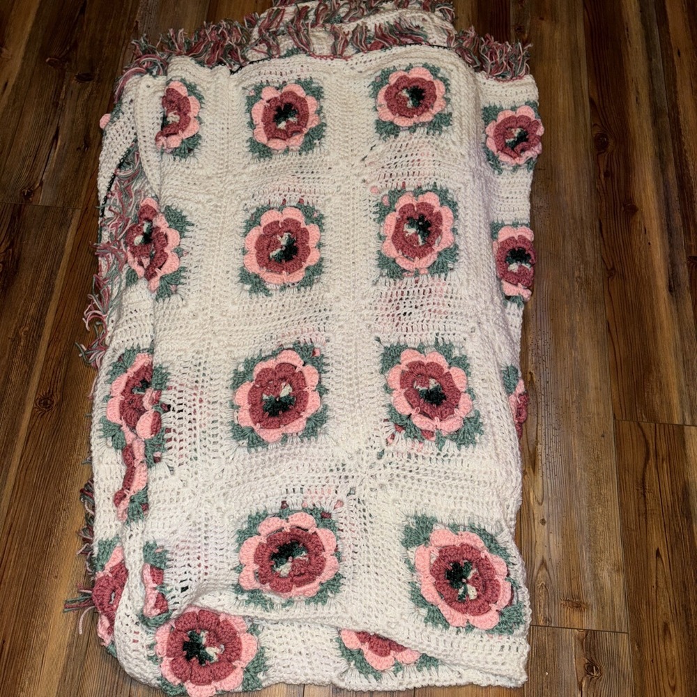 Vtg Handmade Crochet 3D Pink Flowers Granny Afghan Throw Blanket 90"x 85"